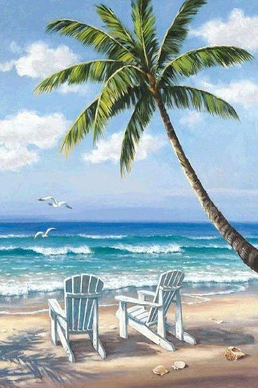 Diamond Painting Palmboom aan zee met Ronde steentjes 100x70cm - Beste Kwaliteit